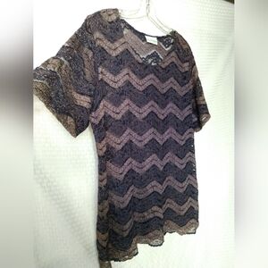 Willow Ridge Sheer Lace Chevron Pattern Top Purple Short Sleeve XL Chest 42"